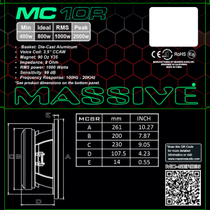 MC10R - 10" 1000 Watt RMS 8 Ohm Mid-Range Speaker Cast Basket
