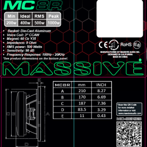 MC8R - 8" 500 Watt RMS 8 Ohm Mid-Range Speaker Cast Basket