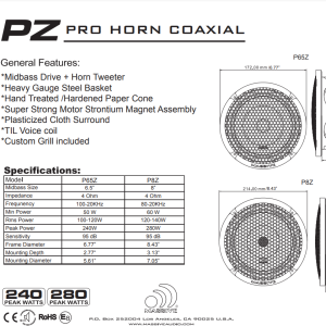 P65Z - 6.5" 4 Ohm Mid-Bass Pro Audio Coaxial Speaker With Grill - 120 Watts RMS (SOLD AS EACH)